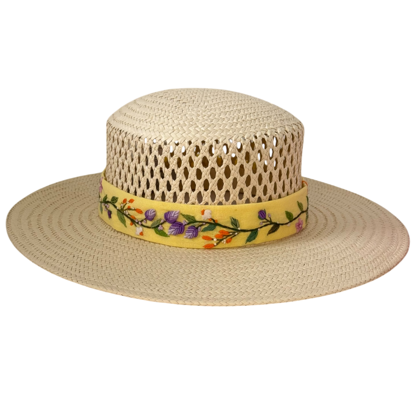 Aria cellulose straw sun hat with yellow floral embroidered ribbon