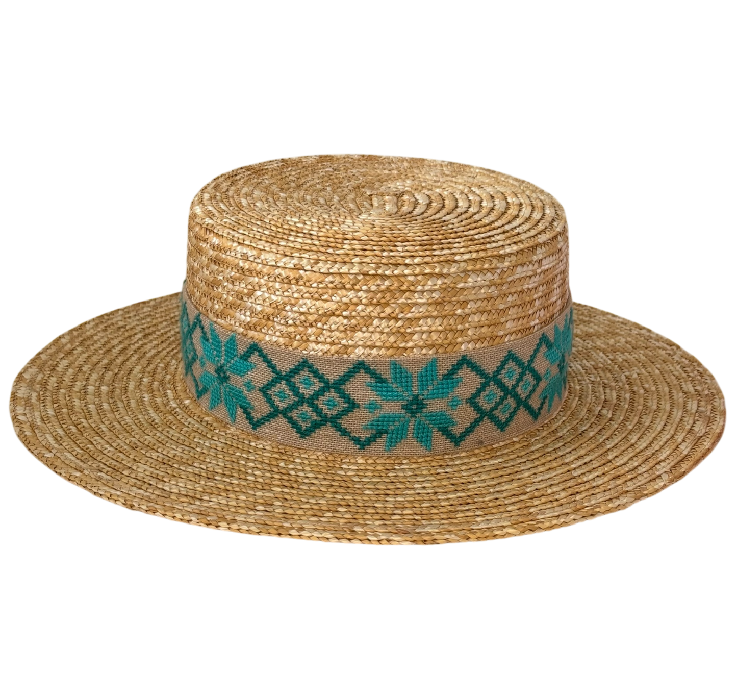 Canotier golden straw boater hat with teal geometric embroidered ribbon