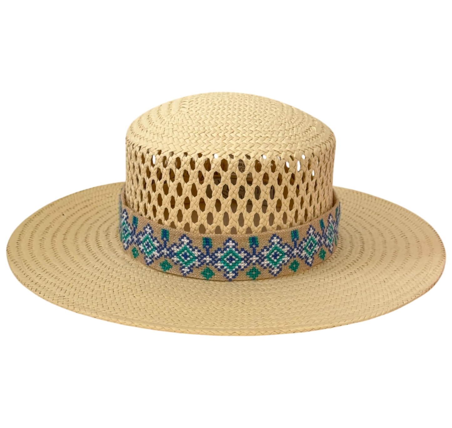 Aria cellulose straw sun hat with blue embroidered ribbon