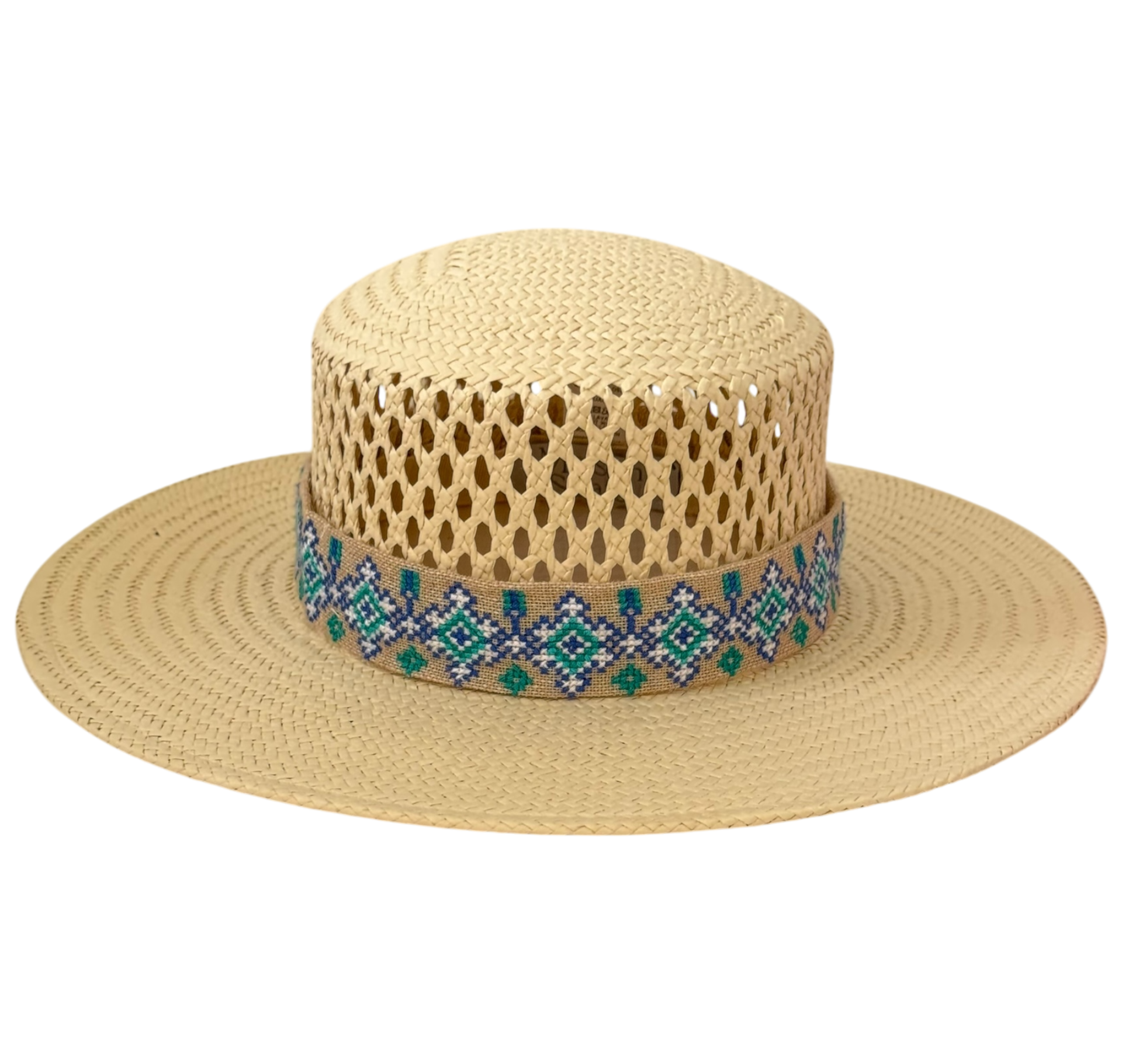 Aria cellulose straw sun hat with blue embroidered ribbon