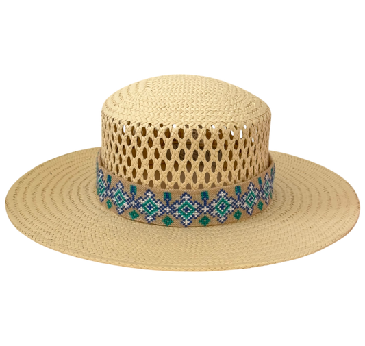 Aria cellulose straw sun hat with blue embroidered ribbon