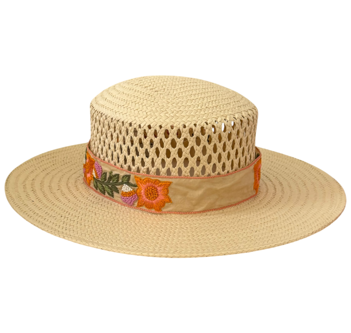 Aria cellulose straw sun hat with floral embroidered ribbon