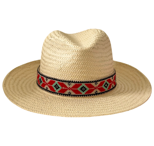 Bella natural straw fedora with red Aztec embroidered ribbon