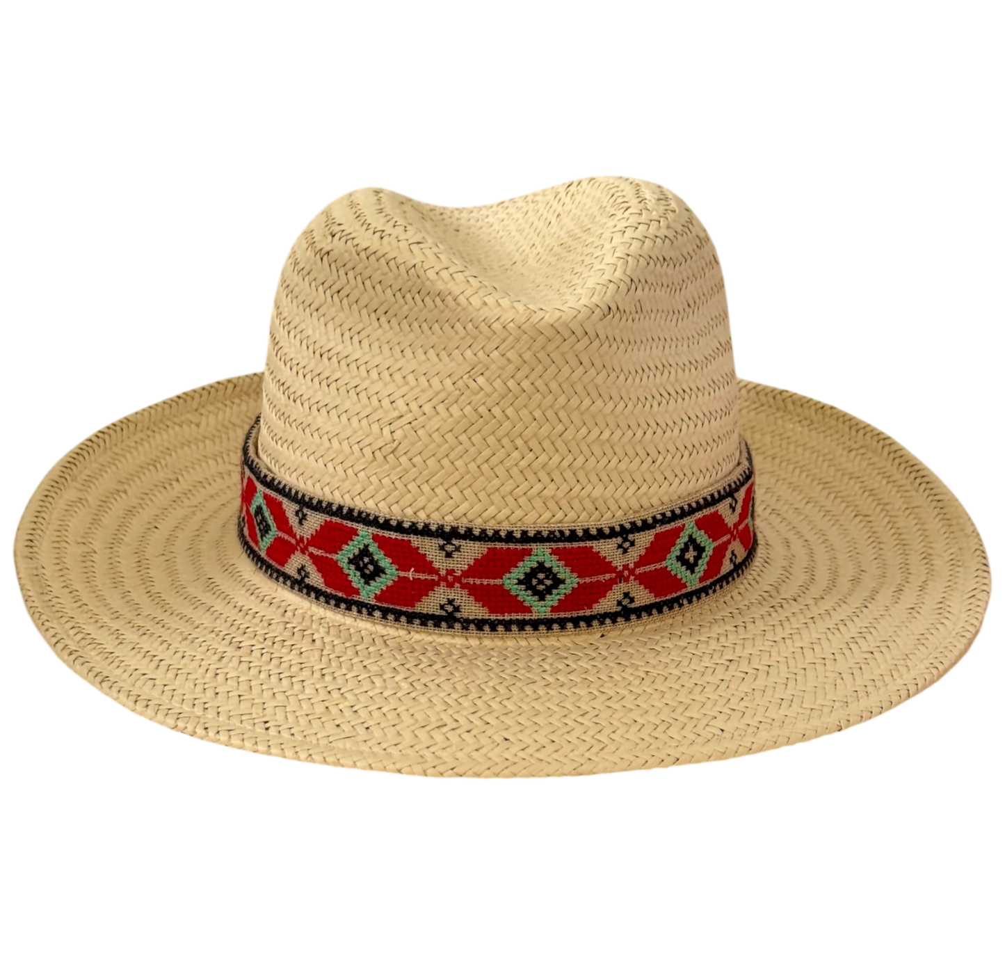 Bella natural straw fedora with red Aztec embroidered ribbon, side view