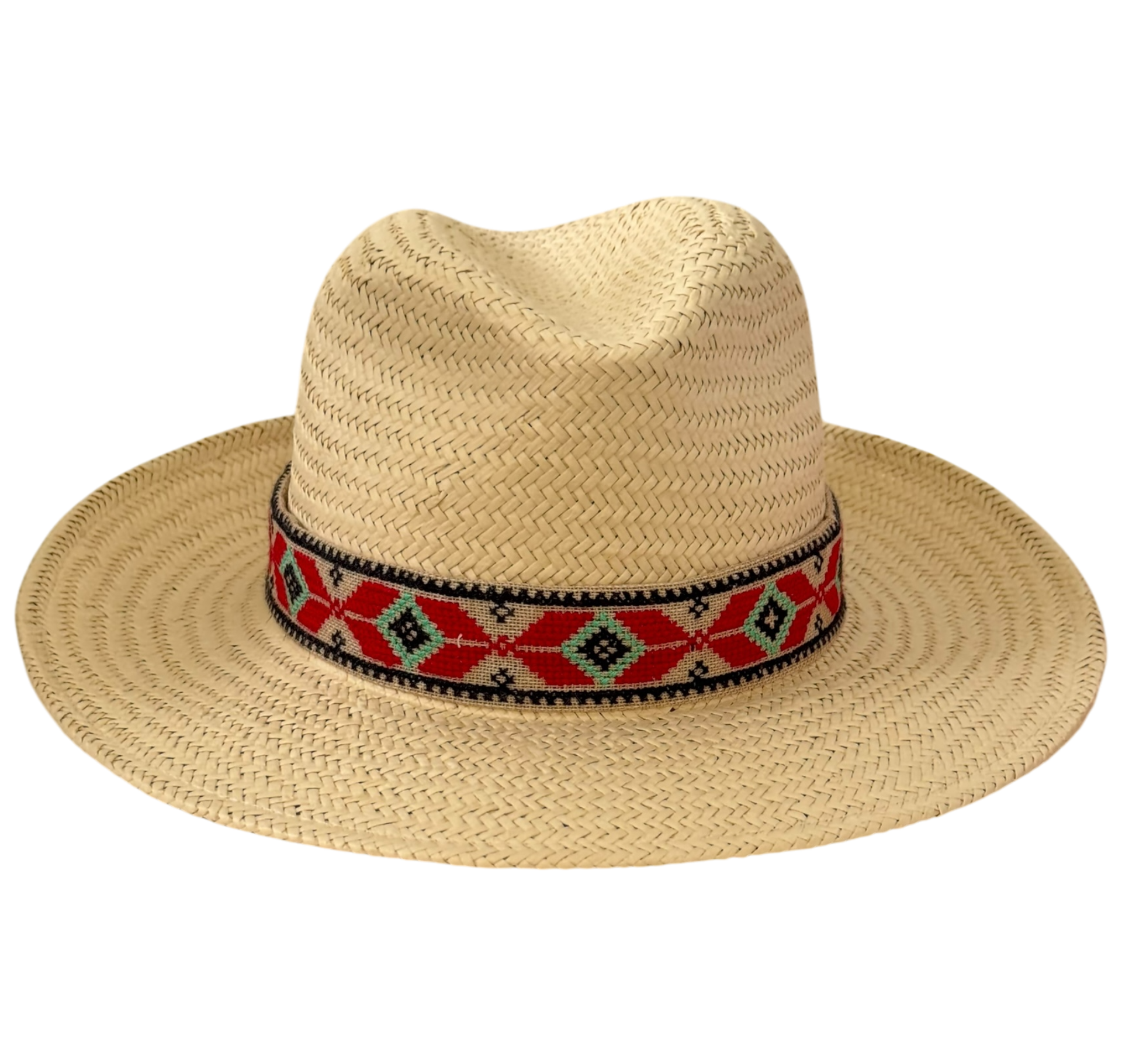 Bella natural straw fedora with red Aztec embroidered ribbon, side view