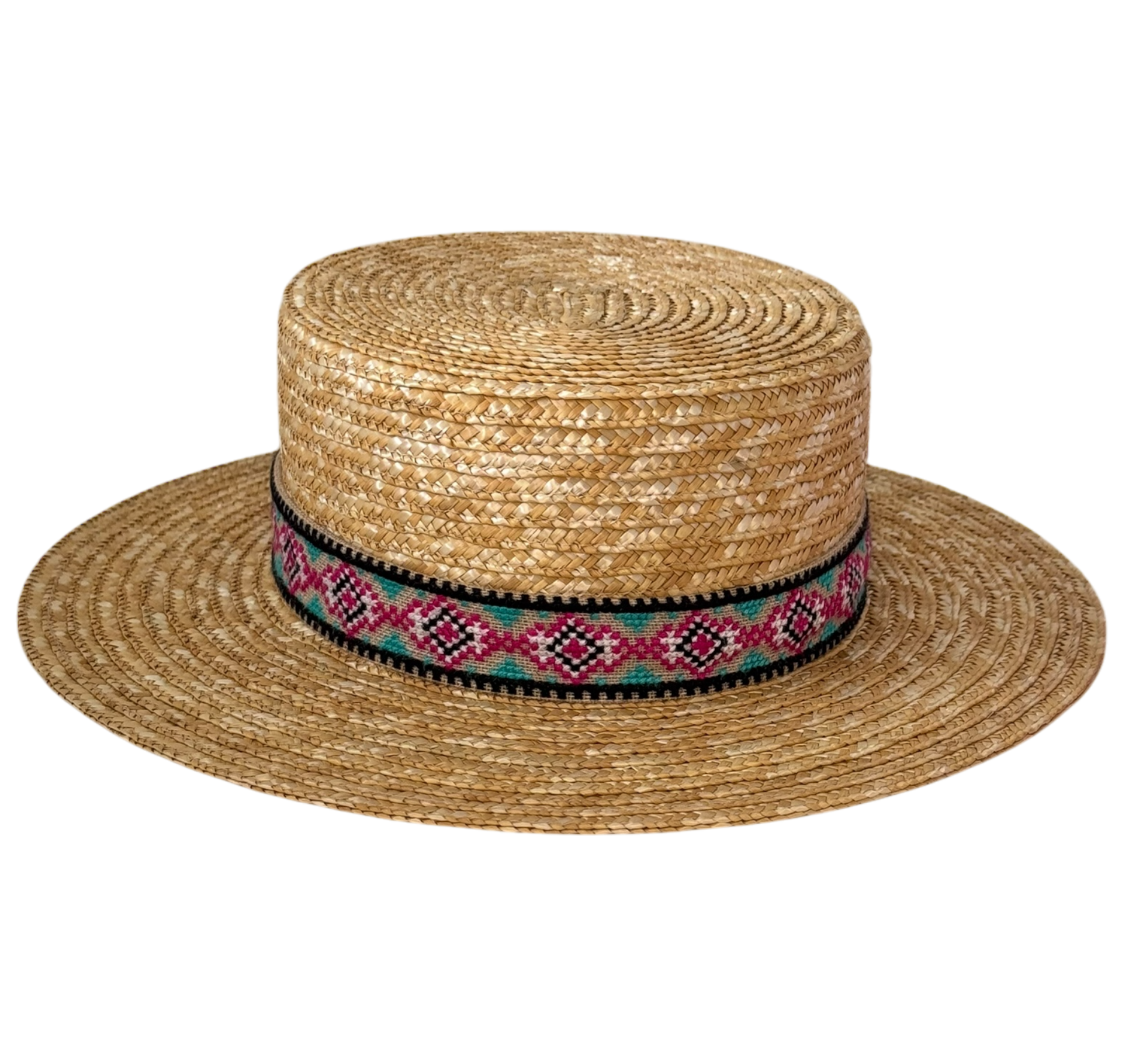 Canotier golden straw boater hat with pink Aztec embroidered ribbon