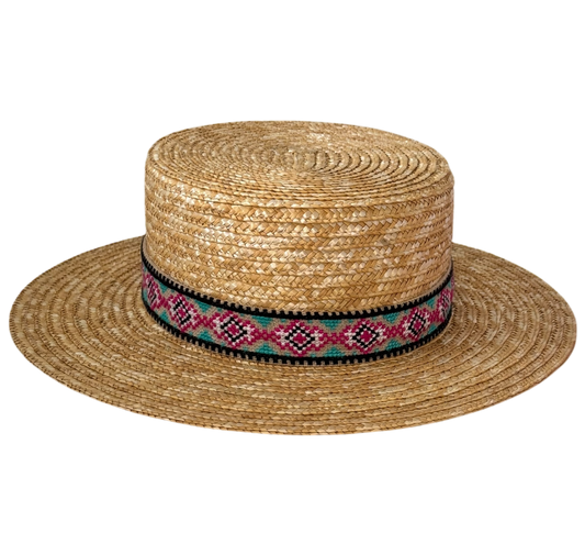 Canotier golden straw boater hat with pink Aztec embroidered ribbon