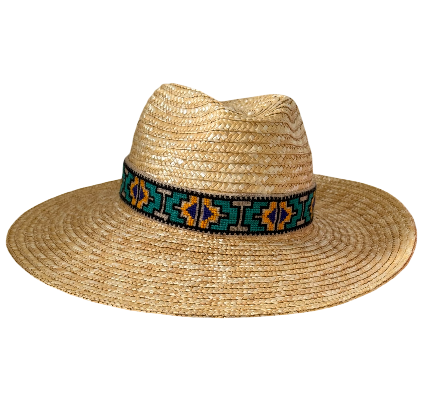 Daria golden straw fedora with Aztec embroidered ribbon