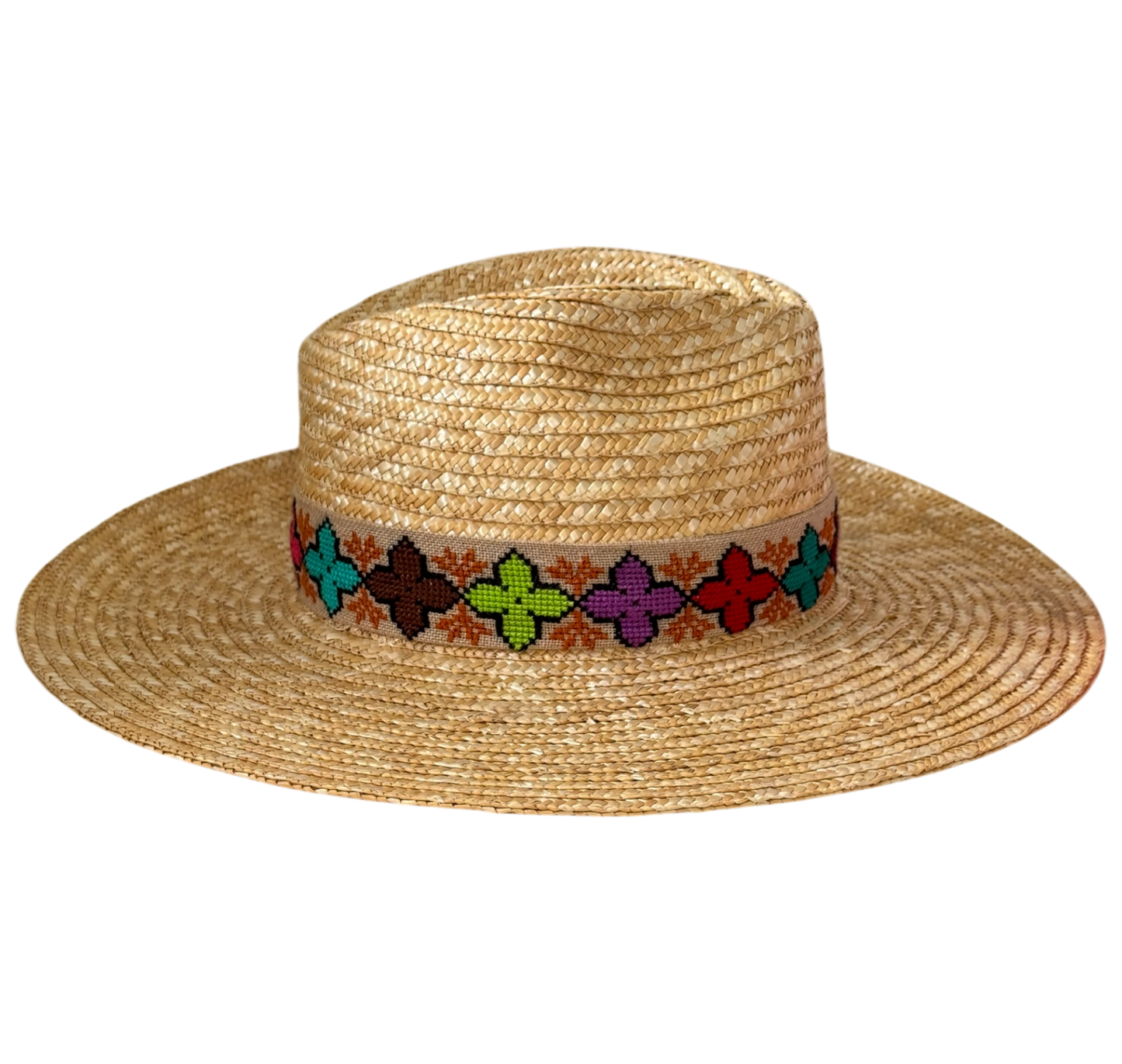 Daria golden straw fedora with floral embroidered ribbon