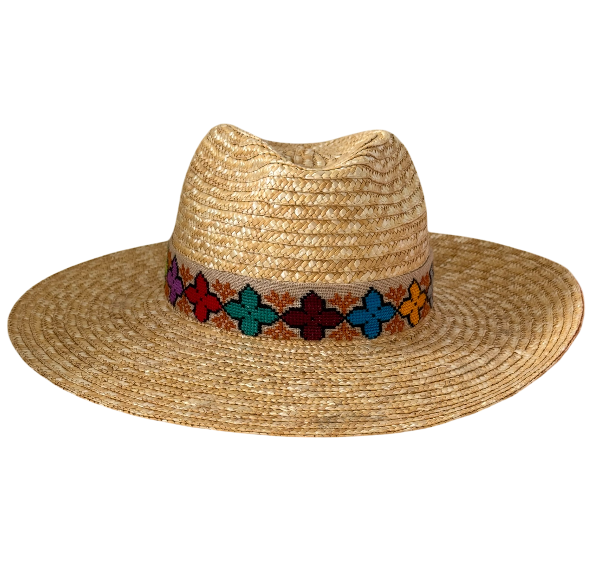 Daria golden straw fedora with floral embroidered ribbon, side view