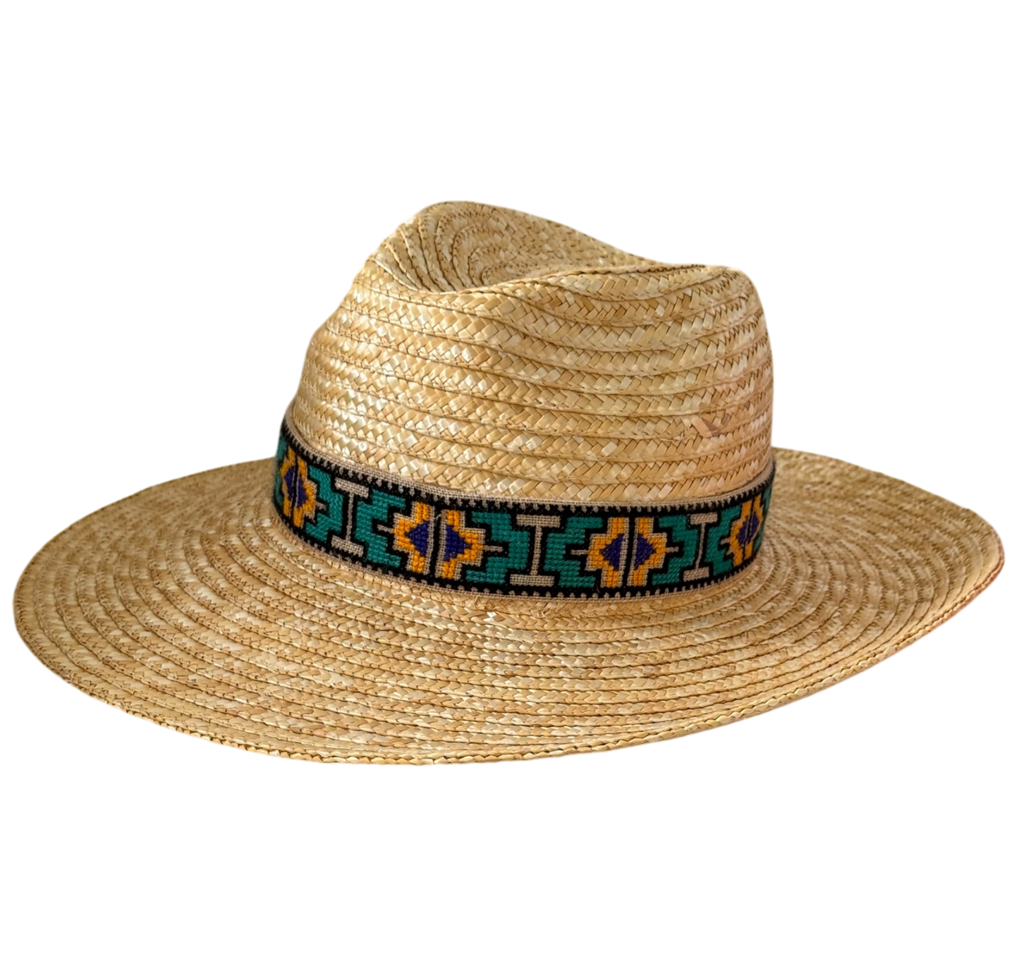 Daria golden straw fedora with Aztec embroidered ribbon, side view