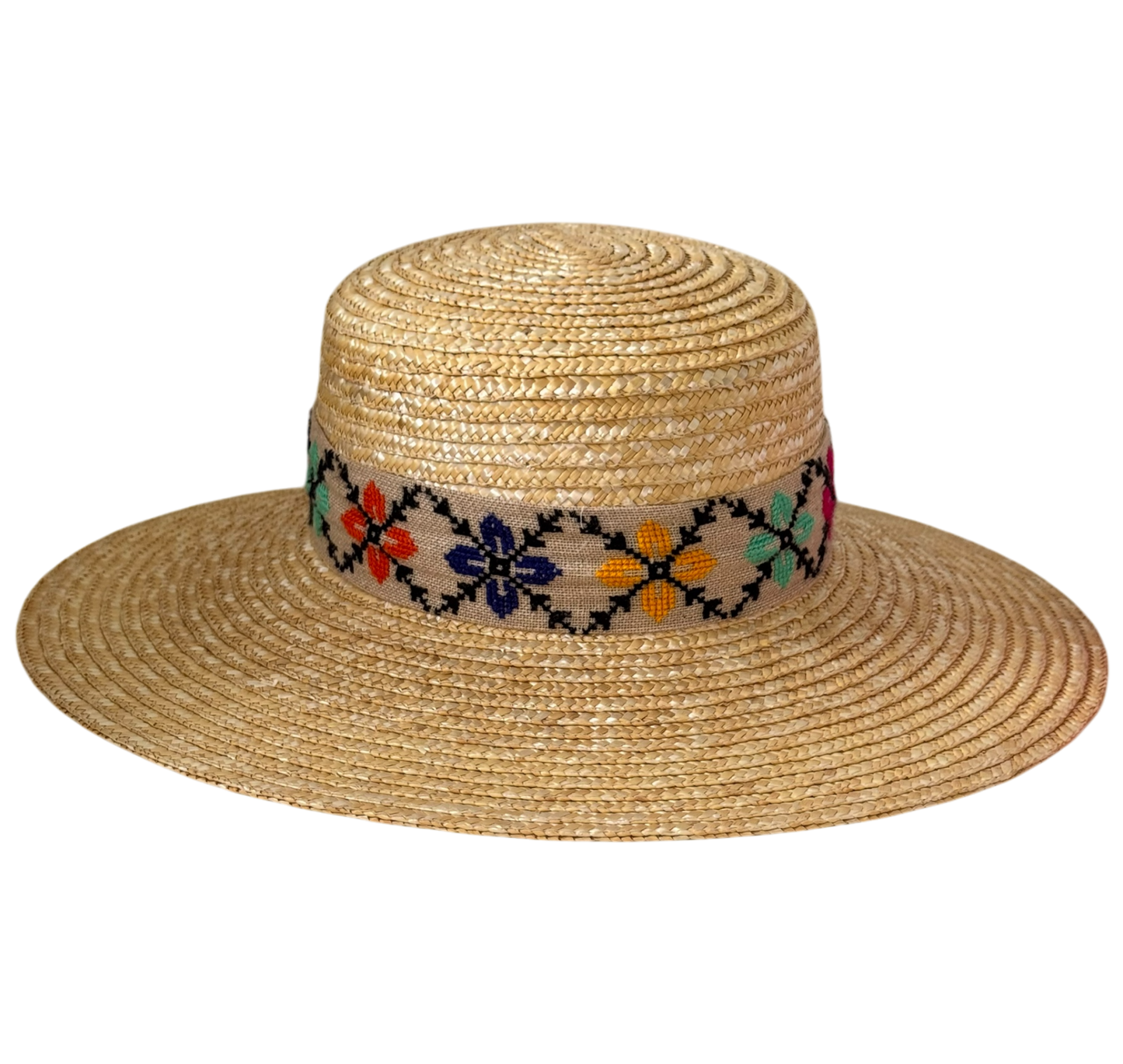Farah wide-brim golden straw hat with multicolour floral embroidered ribbon