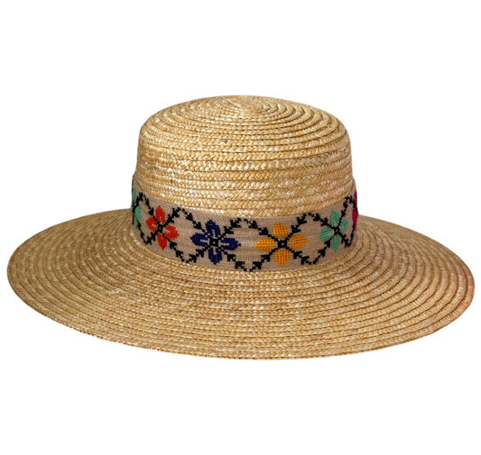 Farah wide-brim golden straw hat with multicolour floral embroidered ribbon