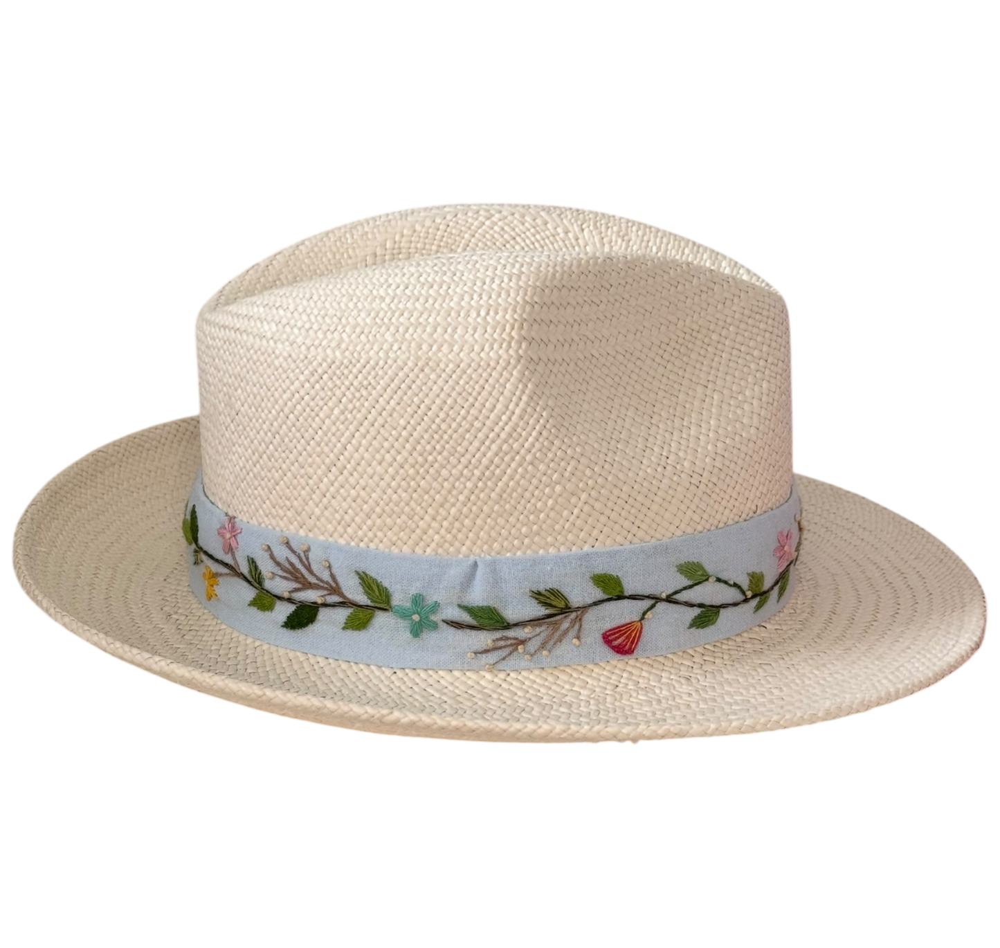 Panama hand-woven straw fedora with blue floral embroidered ribbon