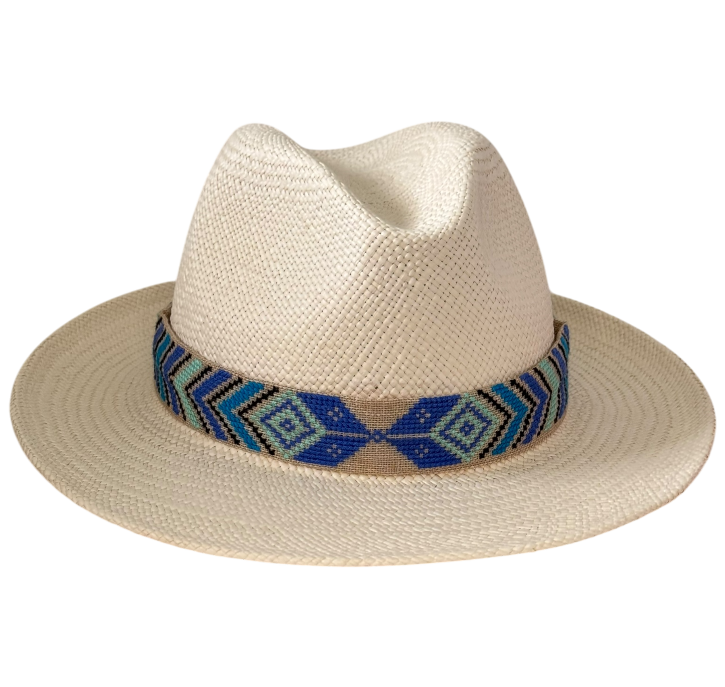 Panama hand-woven straw fedora with blue Aztec embroidered ribbon