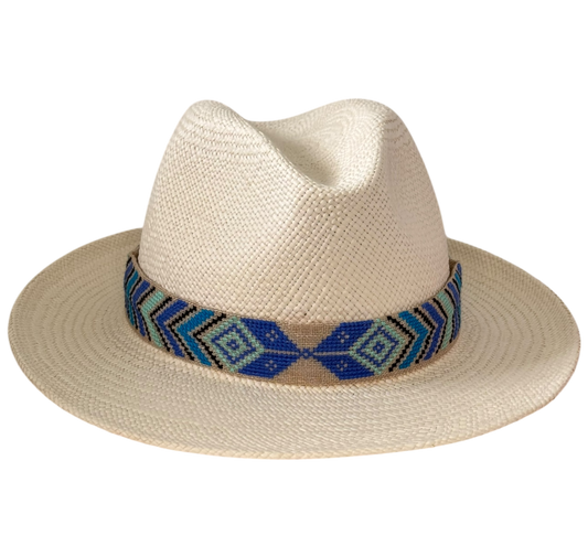 Panama hand-woven straw fedora with blue Aztec embroidered ribbon