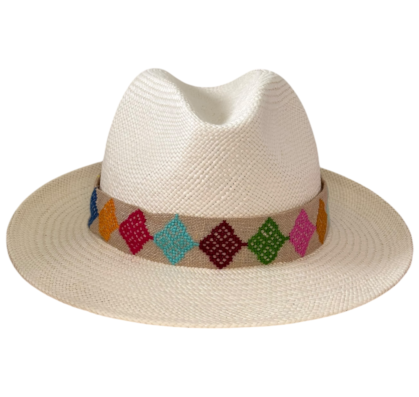 Panama hand-woven straw fedora with multicolour embroidered ribbon
