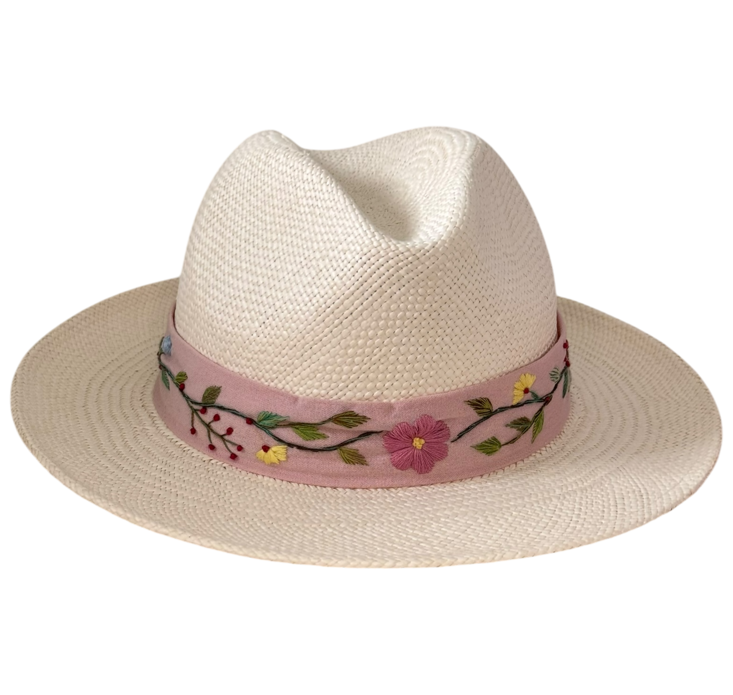 Panama hand-woven straw fedora with pink floral embroidered ribbon