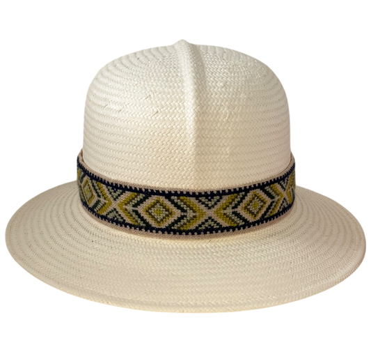 Safari cellulose straw hat with yellow Aztec embroidered ribbon