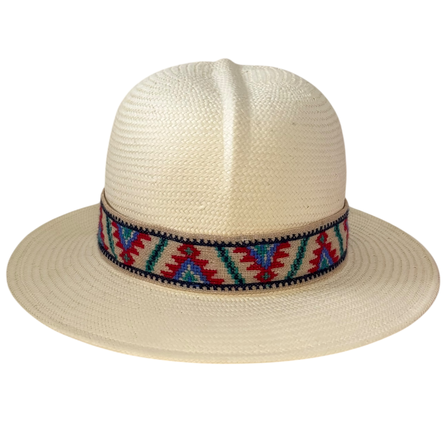 Safari cellulose straw hat with red Aztec embroidered ribbon