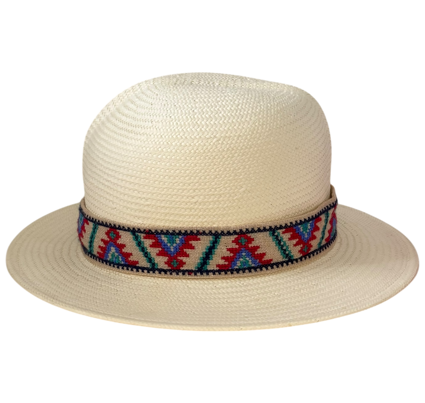 Safari cellulose straw hat with red Aztec embroidered ribbon, front view